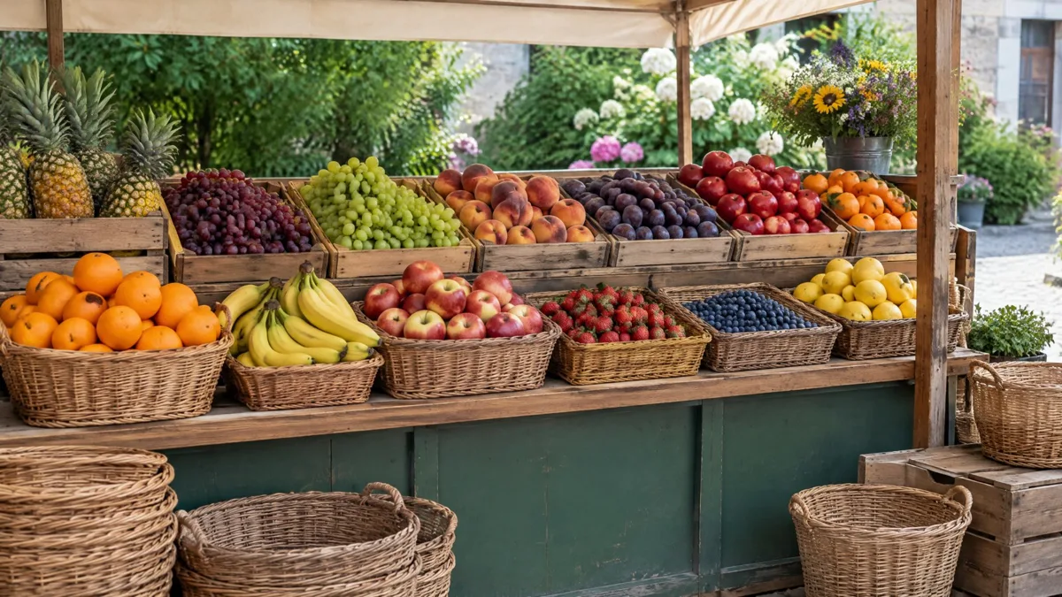 集市摊位上的水果与篮子